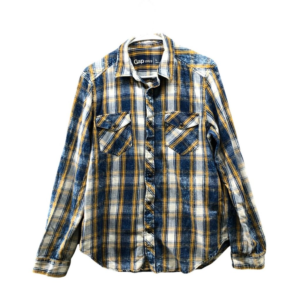 Gap Plaid Western Shirt Mens L‎ Blue Gold Pearl Snap Long Sleeve Cotton